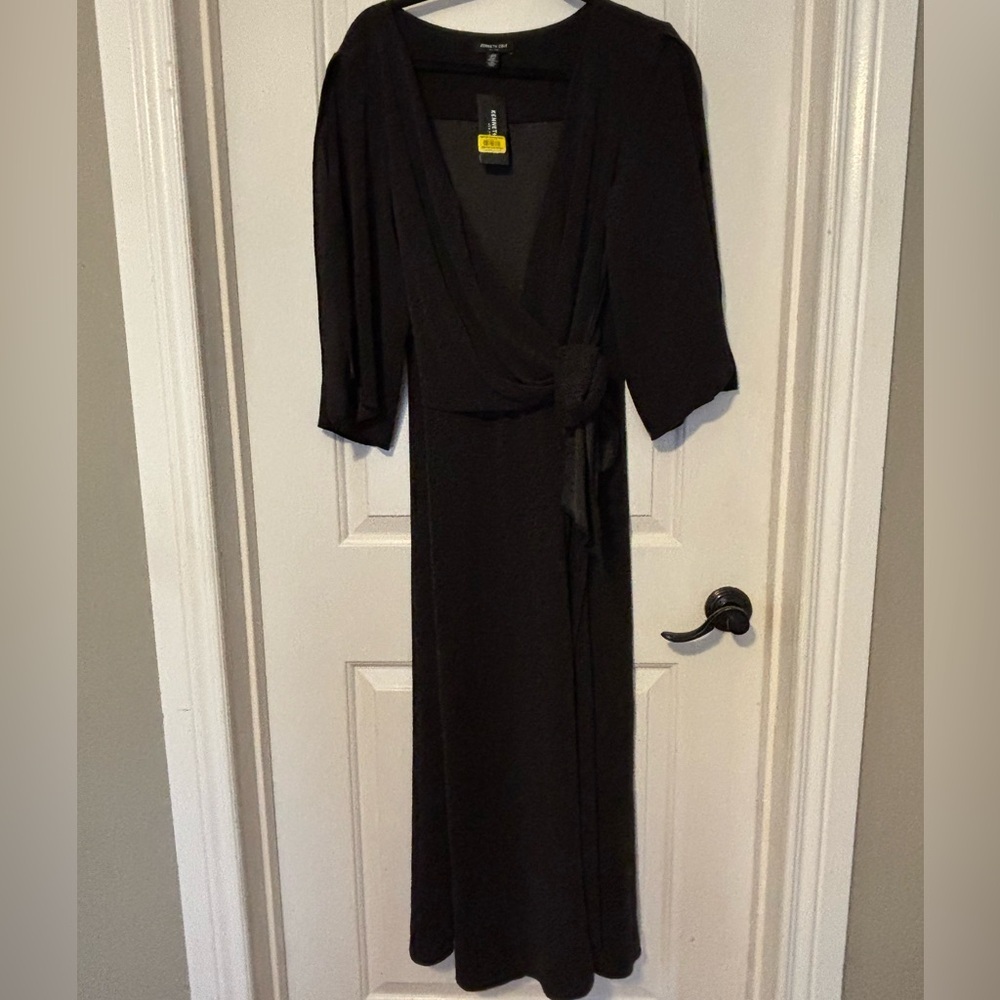 Kenneth Cole black wrap dress M plunging neckline slit sleeves NWT with flaw